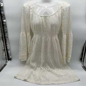 Boston Proper Lace Peasant Flared Bell Sleeve Crochet Dress Romantic-Off White-S